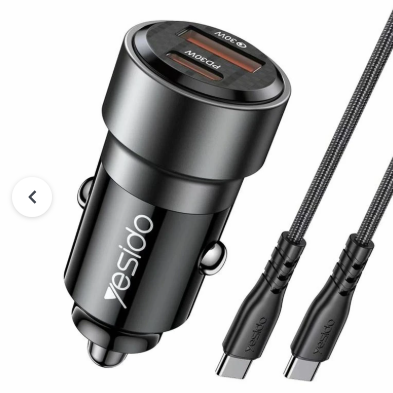 شارژر فندکی 60 وات یسیدو مدل Y55 با تکنولوژی شارژ سریع Quick Charge 3.0، دارای 2 عدد درگاه خروجی USB Type-C، به همراه کابل USB Type-C